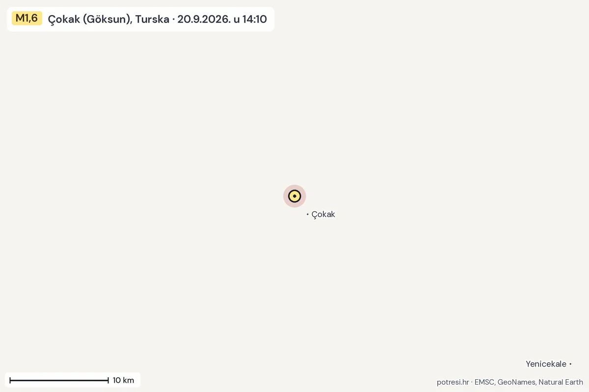 Karta: okolica epicentra, 60 km, potres M1,6, Çokak (Göksun), Turska, 20.9.2026.