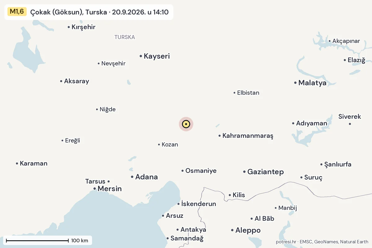 Karta: šire područje, 600 km, potres M1,6, Çokak (Göksun), Turska, 20.9.2026.