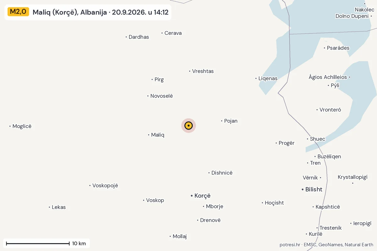 Karta: okolica epicentra, 60 km, potres M2,0, Maliq (Korçë), Albanija, 20.9.2026.