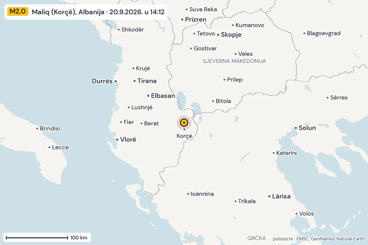 Karta: šire područje, 600 km, potres M2,0, Maliq (Korçë), Albanija, 20.9.2026.
