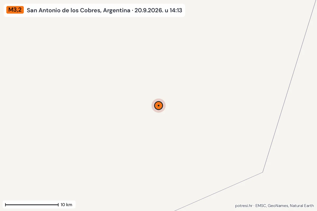 Karta: okolica epicentra, 60 km, potres M3,2, San Antonio de los Cobres, Argentina, 20.9.2026.