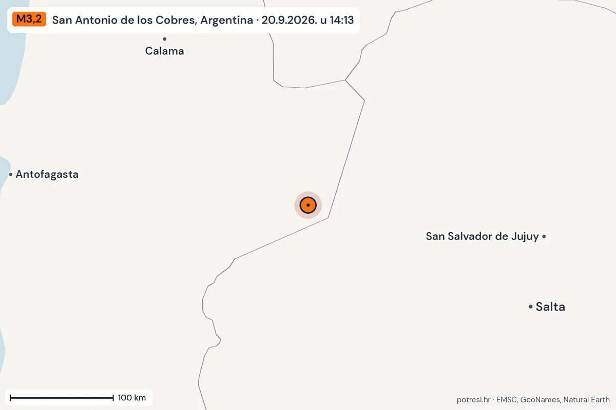 Karta: šire područje, 600 km, potres M3,2, San Antonio de los Cobres, Argentina, 20.9.2026.