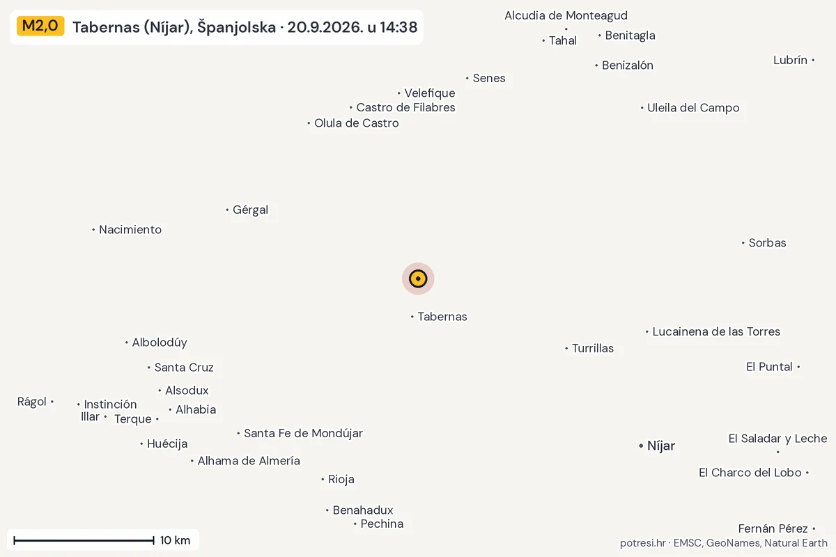 Karta: okolica epicentra, 60 km, potres M2,0, Tabernas (Níjar), Španjolska, 20.9.2026.