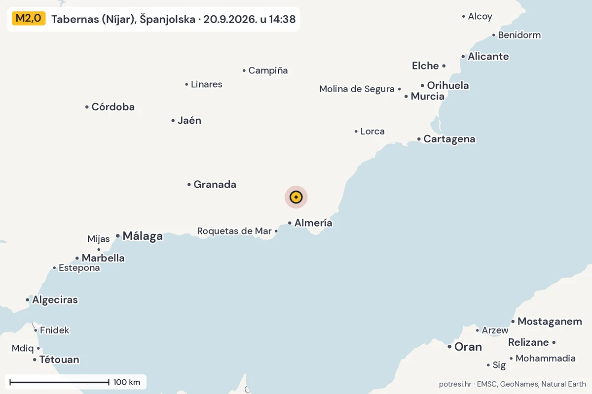 Karta: šire područje, 600 km, potres M2,0, Tabernas (Níjar), Španjolska, 20.9.2026.