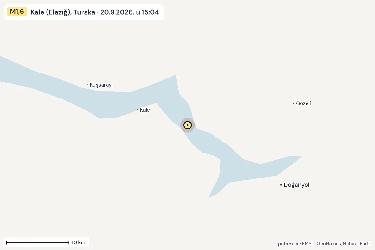 Karta: okolica epicentra, 60 km, potres M1,6, Kale (Elazığ), Turska, 20.9.2026.