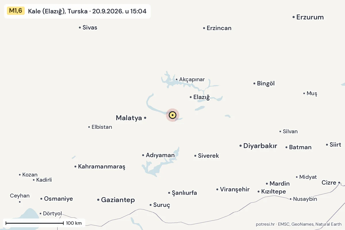 Karta: šire područje, 600 km, potres M1,6, Kale (Elazığ), Turska, 20.9.2026.