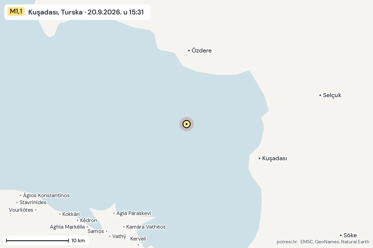 Karta: okolica epicentra, 60 km, potres M1,1, Kuşadası, Turska, 20.9.2026.