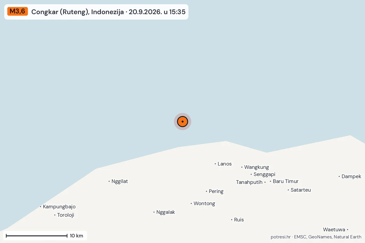 Karta: okolica epicentra, 60 km, potres M3,6, Congkar (Ruteng), Indonezija, 20.9.2026.