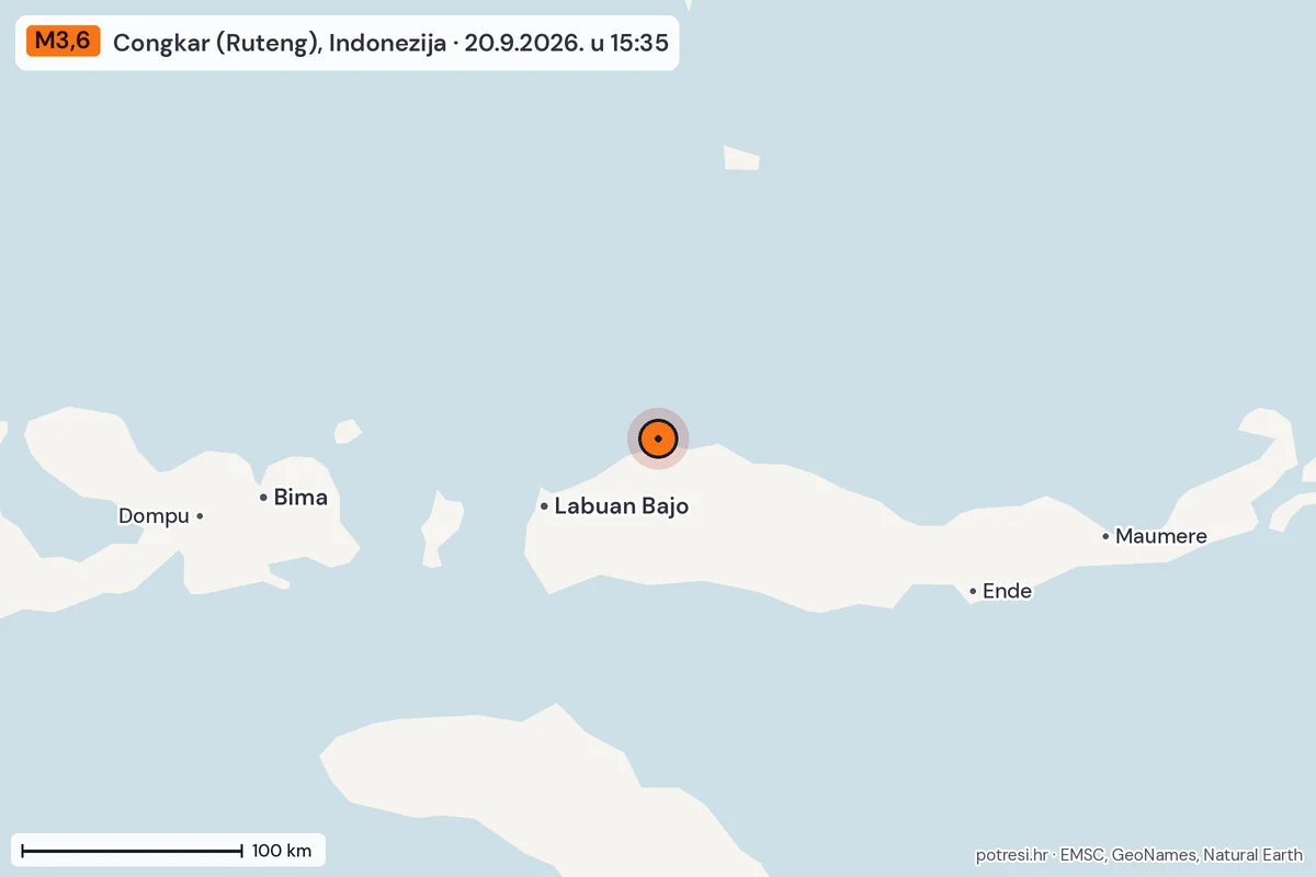 Karta: šire područje, 600 km, potres M3,6, Congkar (Ruteng), Indonezija, 20.9.2026.