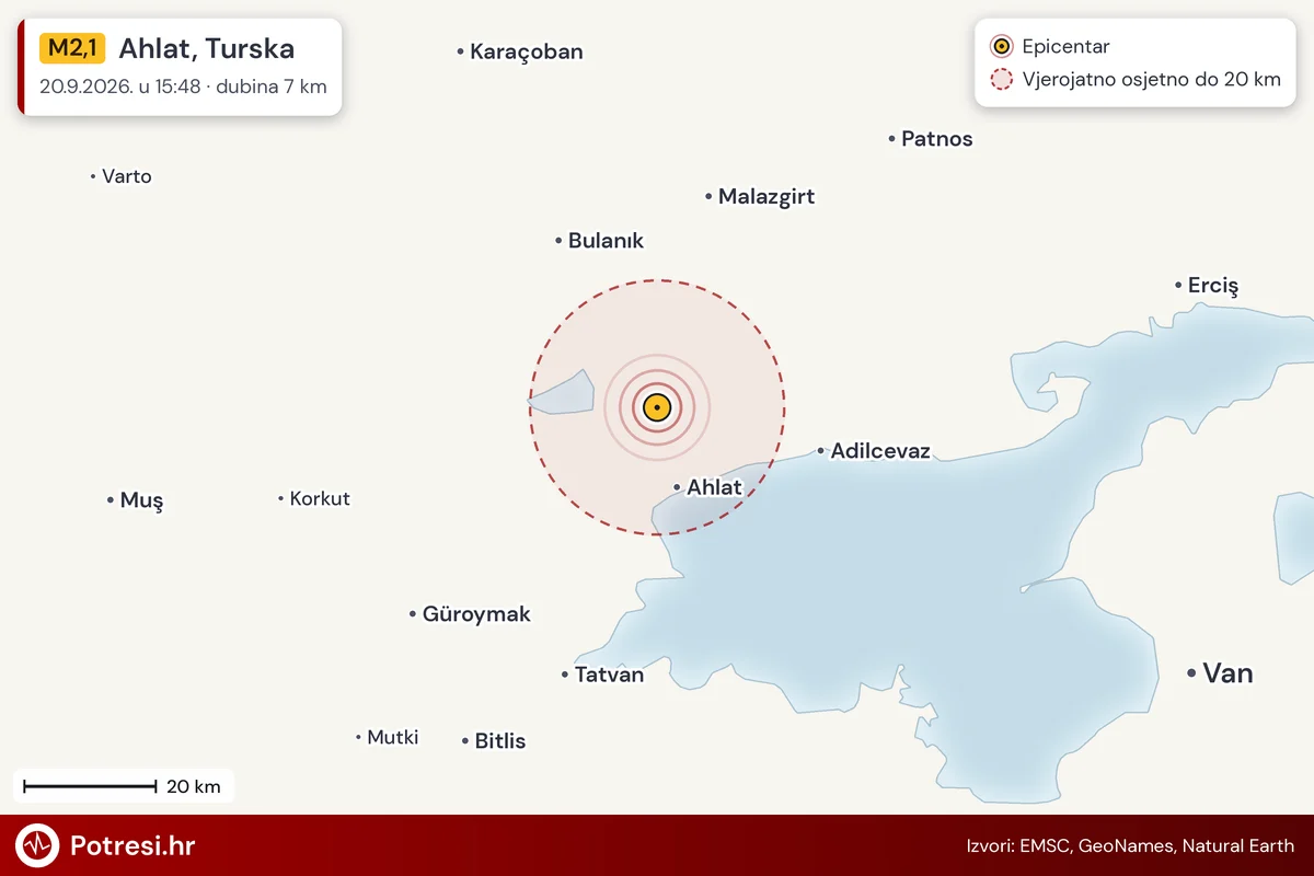 Karta: šire područje i vjerojatni doseg osjeta, potres M2,1, Ahlat, Turska, 20.9.2026.