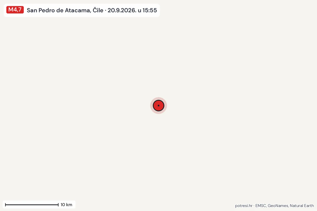 Karta: okolica epicentra, 60 km, potres M4,7, San Pedro de Atacama, Čile, 20.9.2026.