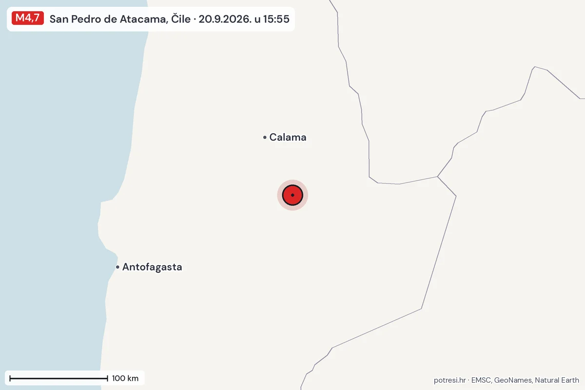 Karta: šire područje, 600 km, potres M4,7, San Pedro de Atacama, Čile, 20.9.2026.