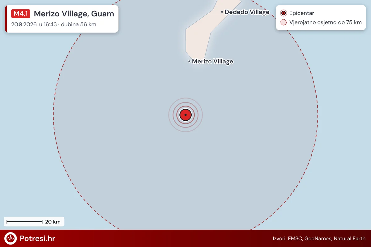 Karta: šire područje i vjerojatni doseg osjeta, potres M4,1, Merizo Village, Guam, 20.9.2026.