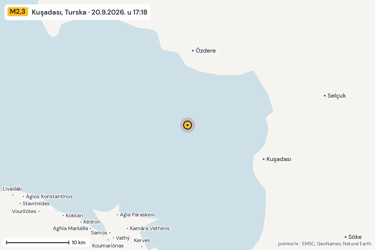 Karta: okolica epicentra, 60 km, potres M2,3, Kuşadası, Turska, 20.9.2026.