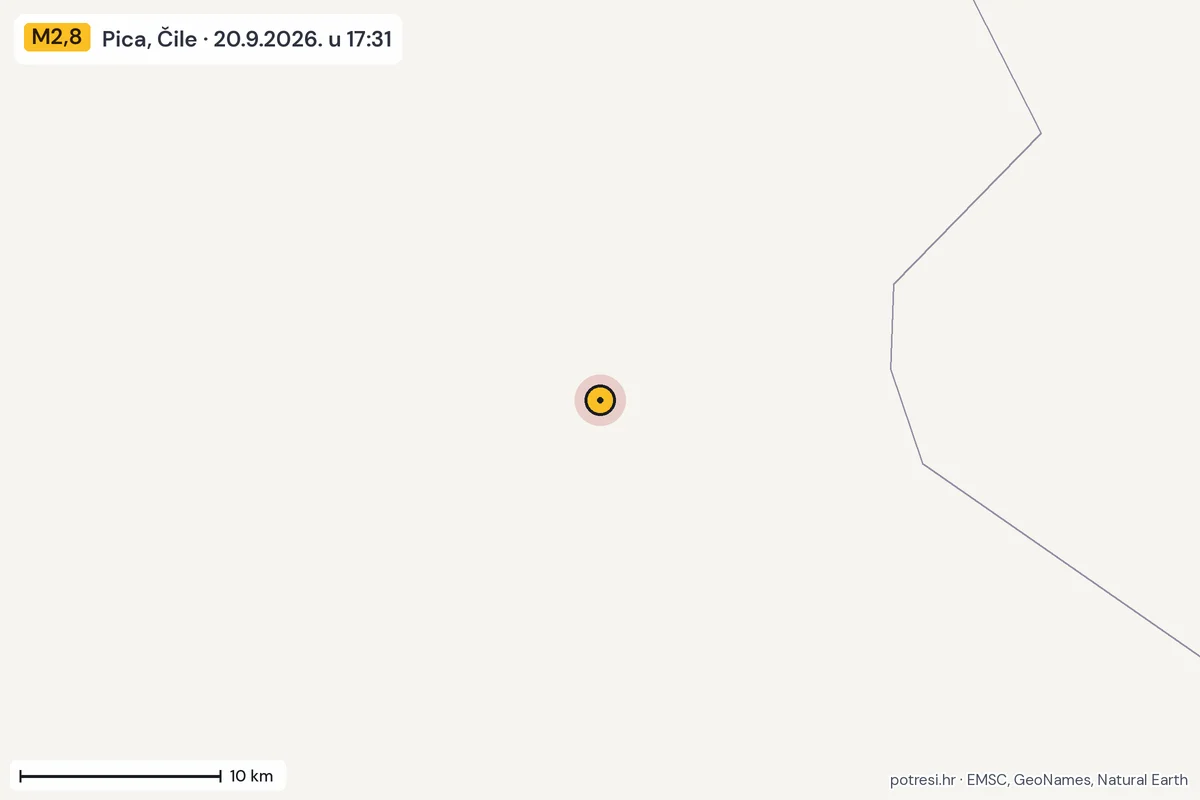 Karta: okolica epicentra, 60 km, potres M2,8, Pica, Čile, 20.9.2026.