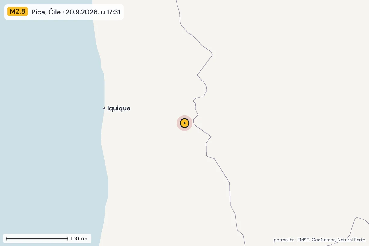 Karta: šire područje, 600 km, potres M2,8, Pica, Čile, 20.9.2026.