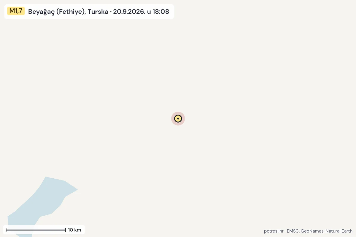 Karta: okolica epicentra, 60 km, potres M1,7, Beyağaç (Fethiye), Turska, 20.9.2026.