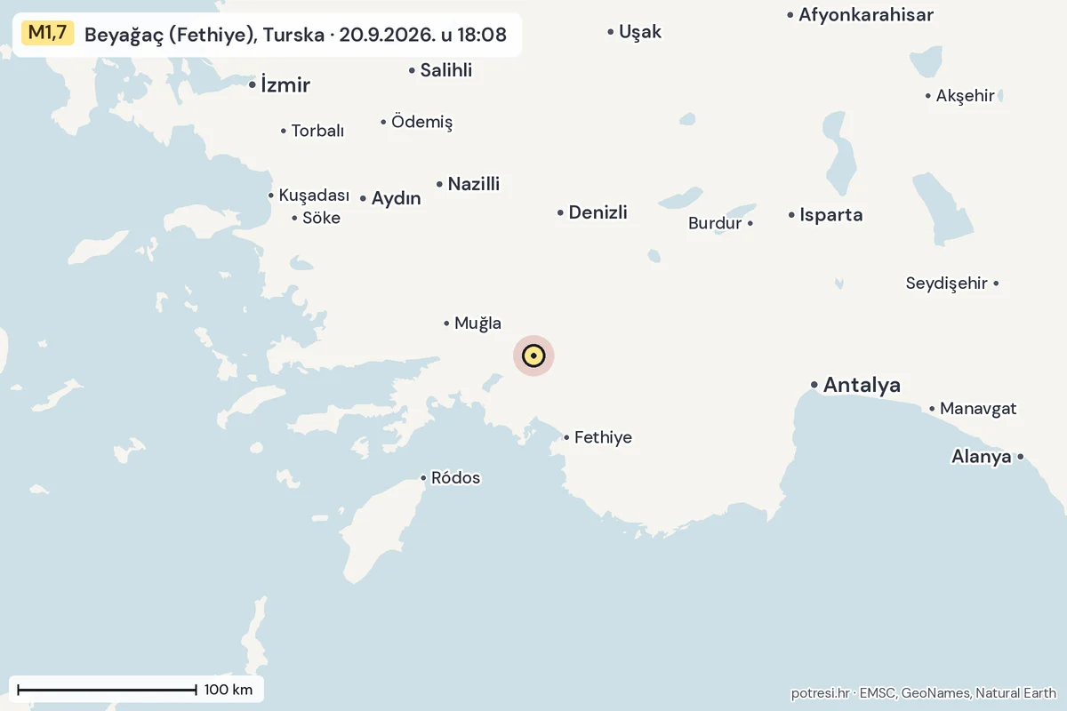 Karta: šire područje, 600 km, potres M1,7, Beyağaç (Fethiye), Turska, 20.9.2026.