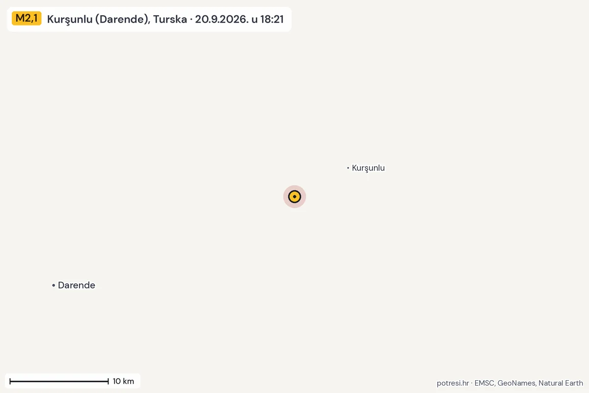 Karta: okolica epicentra, 60 km, potres M2,1, Kurşunlu (Darende), Turska, 20.9.2026.