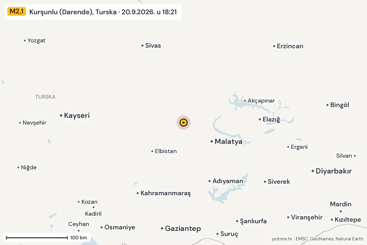 Karta: šire područje, 600 km, potres M2,1, Kurşunlu (Darende), Turska, 20.9.2026.