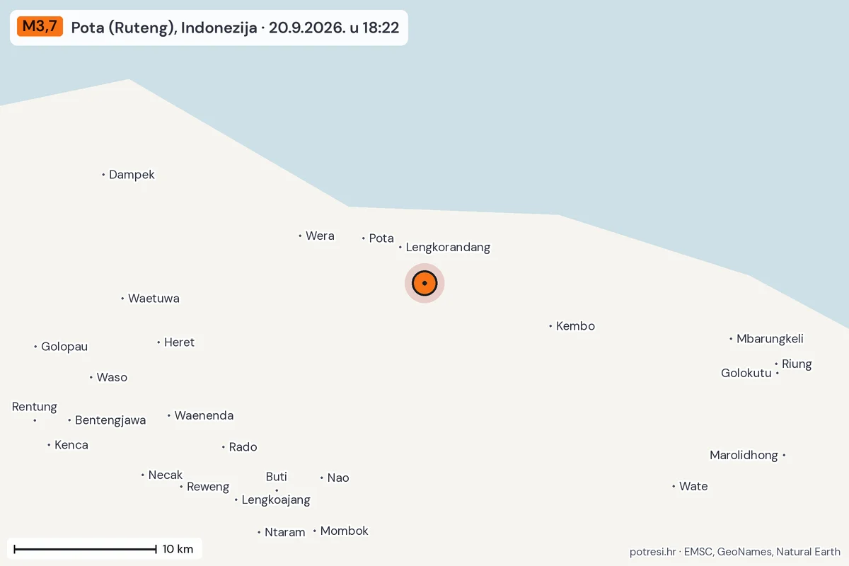 Karta: okolica epicentra, 60 km, potres M3,7, Pota (Ruteng), Indonezija, 20.9.2026.