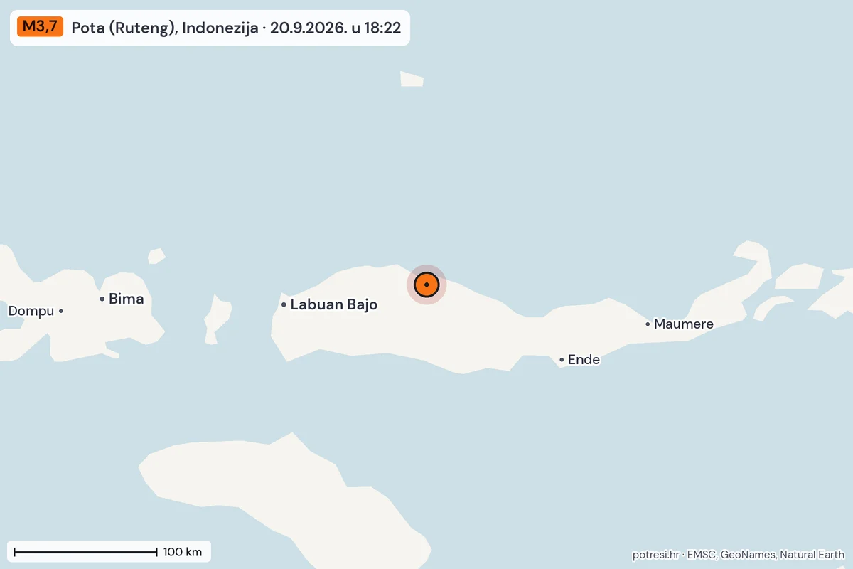 Karta: šire područje, 600 km, potres M3,7, Pota (Ruteng), Indonezija, 20.9.2026.
