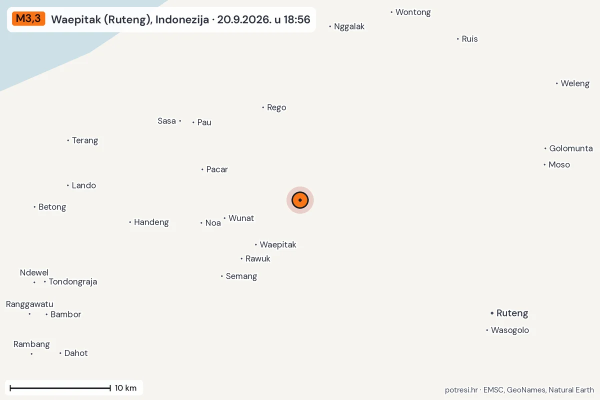 Karta: okolica epicentra, 60 km, potres M3,3, Waepitak (Ruteng), Indonezija, 20.9.2026.