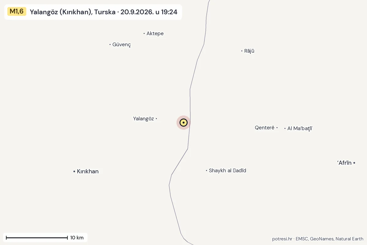 Karta: okolica epicentra, 60 km, potres M1,6, Yalangöz (Kırıkhan), Turska, 20.9.2026.