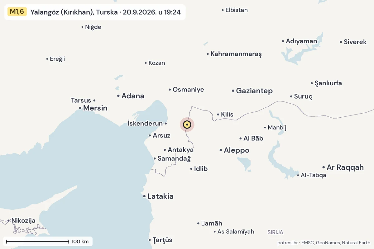 Karta: šire područje, 600 km, potres M1,6, Yalangöz (Kırıkhan), Turska, 20.9.2026.