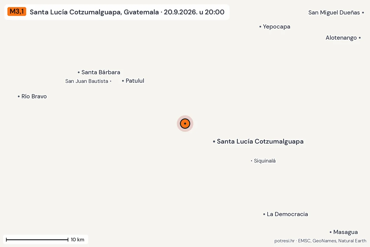 Karta: okolica epicentra, 60 km, potres M3,1, Santa Lucía Cotzumalguapa, Gvatemala, 20.9.2026.