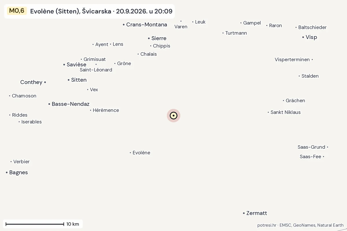 Karta: okolica epicentra, 60 km, potres M0,6, Evolène (Sitten), Švicarska, 20.9.2026.
