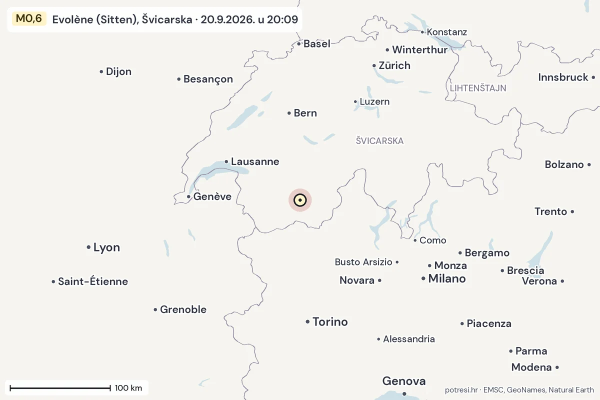 Karta: šire područje, 600 km, potres M0,6, Evolène (Sitten), Švicarska, 20.9.2026.