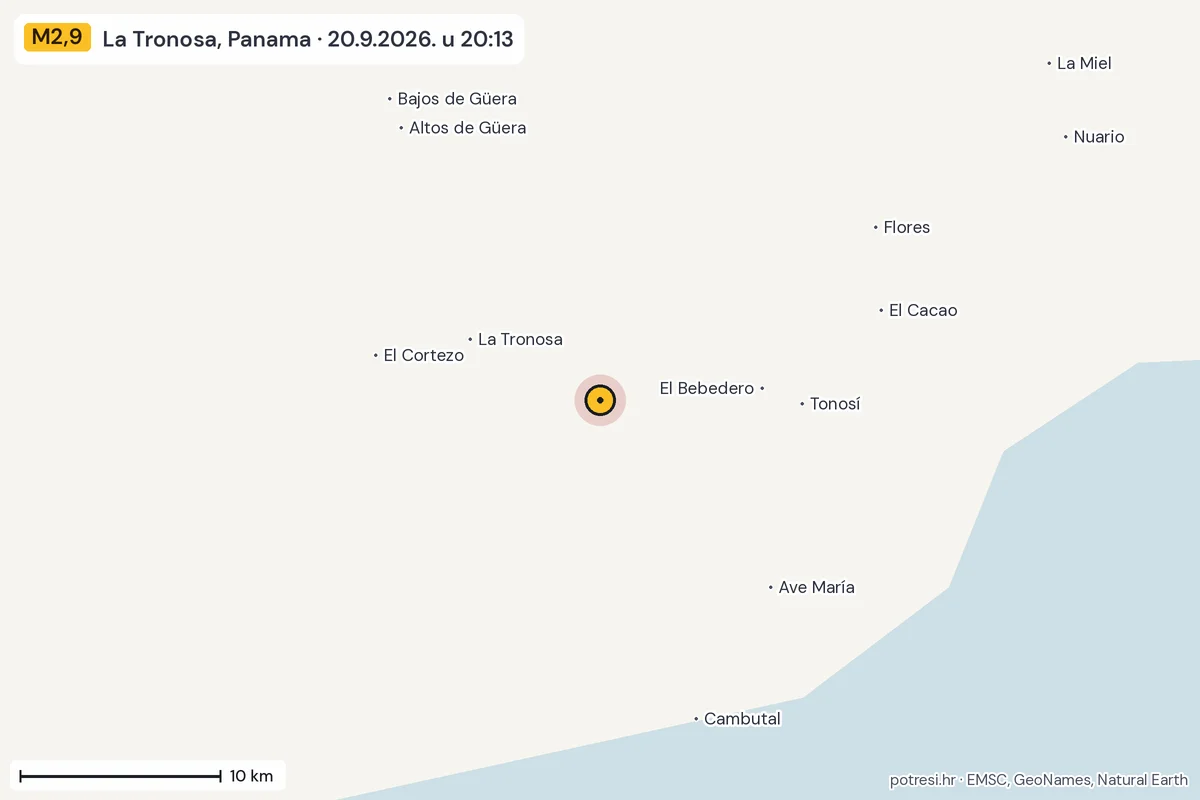 Karta: okolica epicentra, 60 km, potres M2,9, La Tronosa, Panama, 20.9.2026.