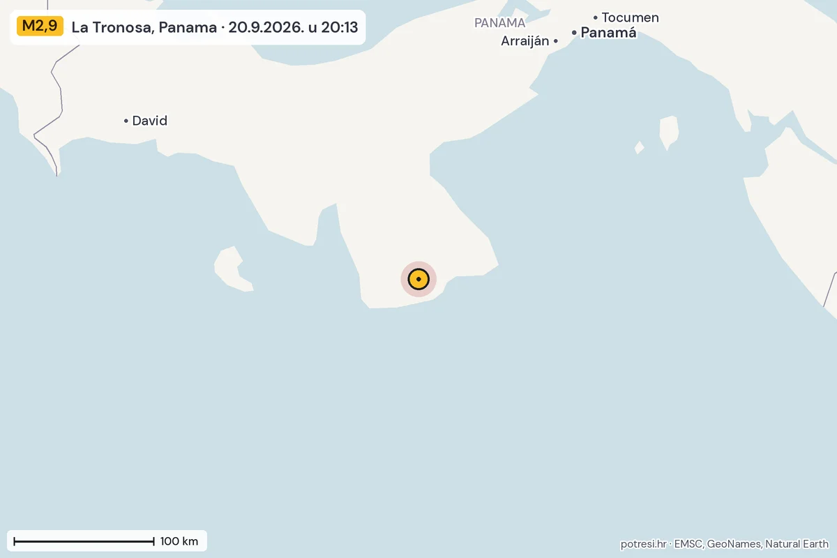 Karta: šire područje, 600 km, potres M2,9, La Tronosa, Panama, 20.9.2026.