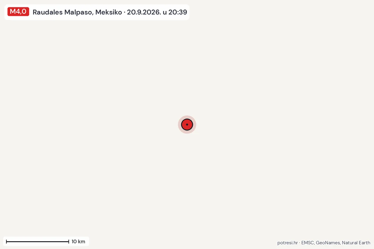 Karta: okolica epicentra, 60 km, potres M4,0, Raudales Malpaso, Meksiko, 20.9.2026.
