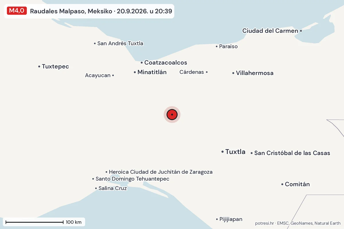 Karta: šire područje, 600 km, potres M4,0, Raudales Malpaso, Meksiko, 20.9.2026.