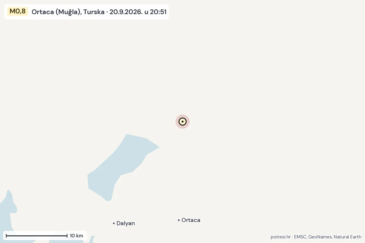 Karta: okolica epicentra, 60 km, potres M0,8, Ortaca (Muğla), Turska, 20.9.2026.