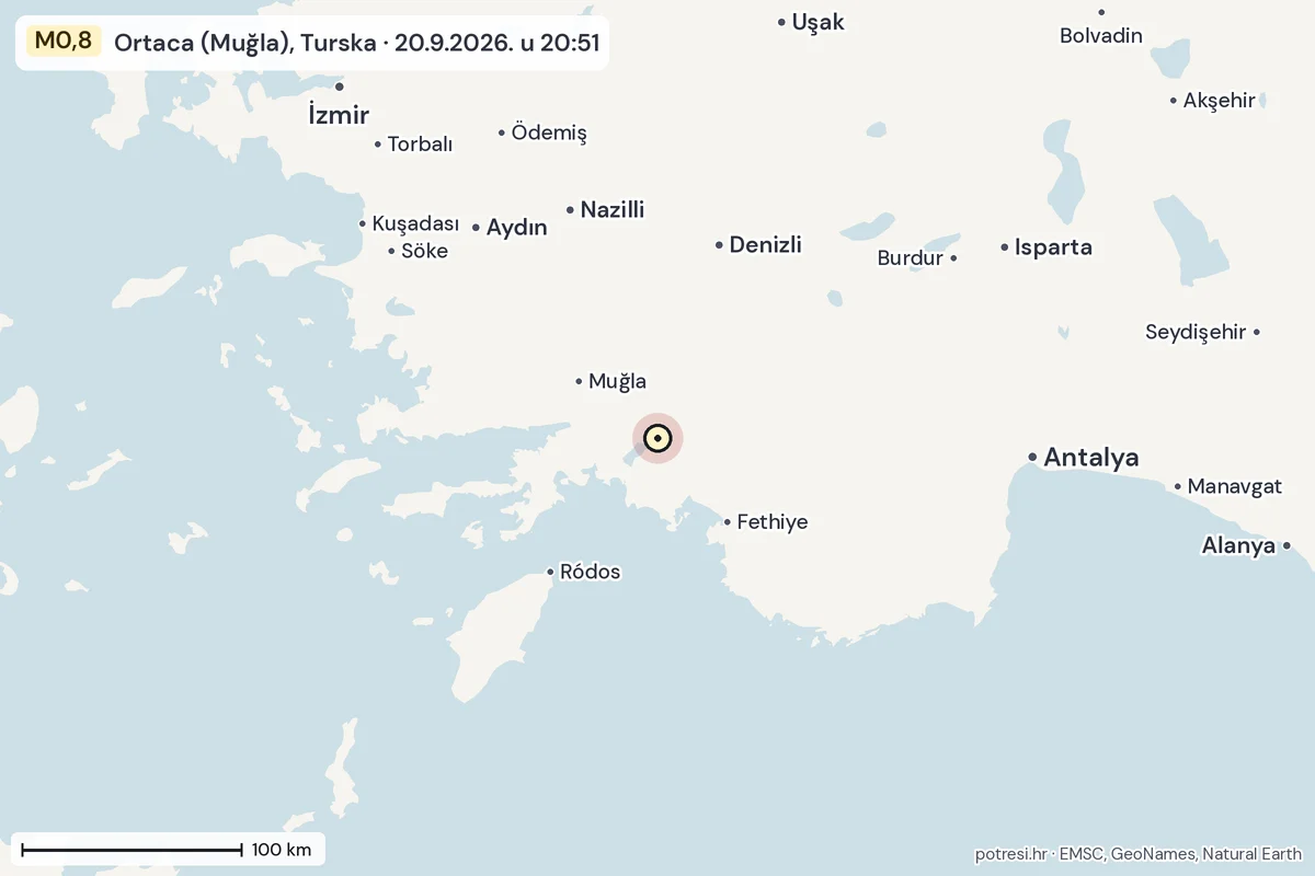 Karta: šire područje, 600 km, potres M0,8, Ortaca (Muğla), Turska, 20.9.2026.