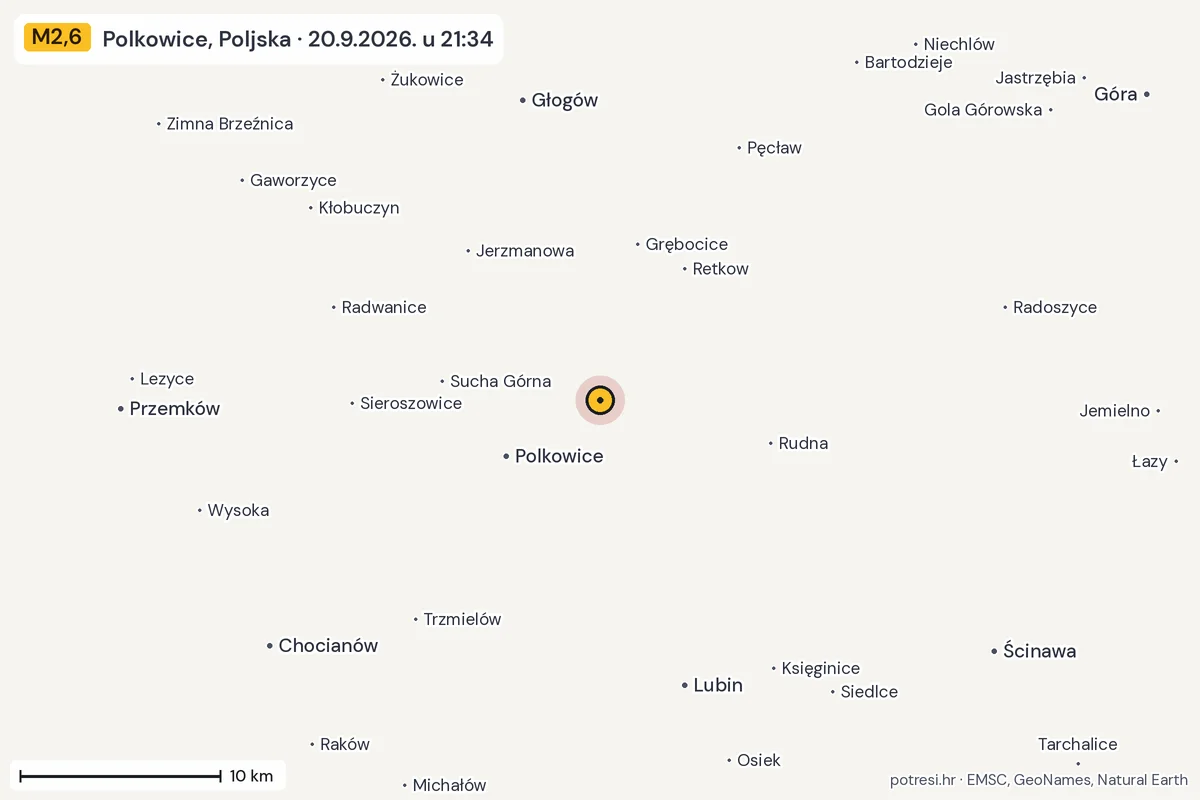 Karta: okolica epicentra, 60 km, potres M2,6, Polkowice, Poljska, 20.9.2026.