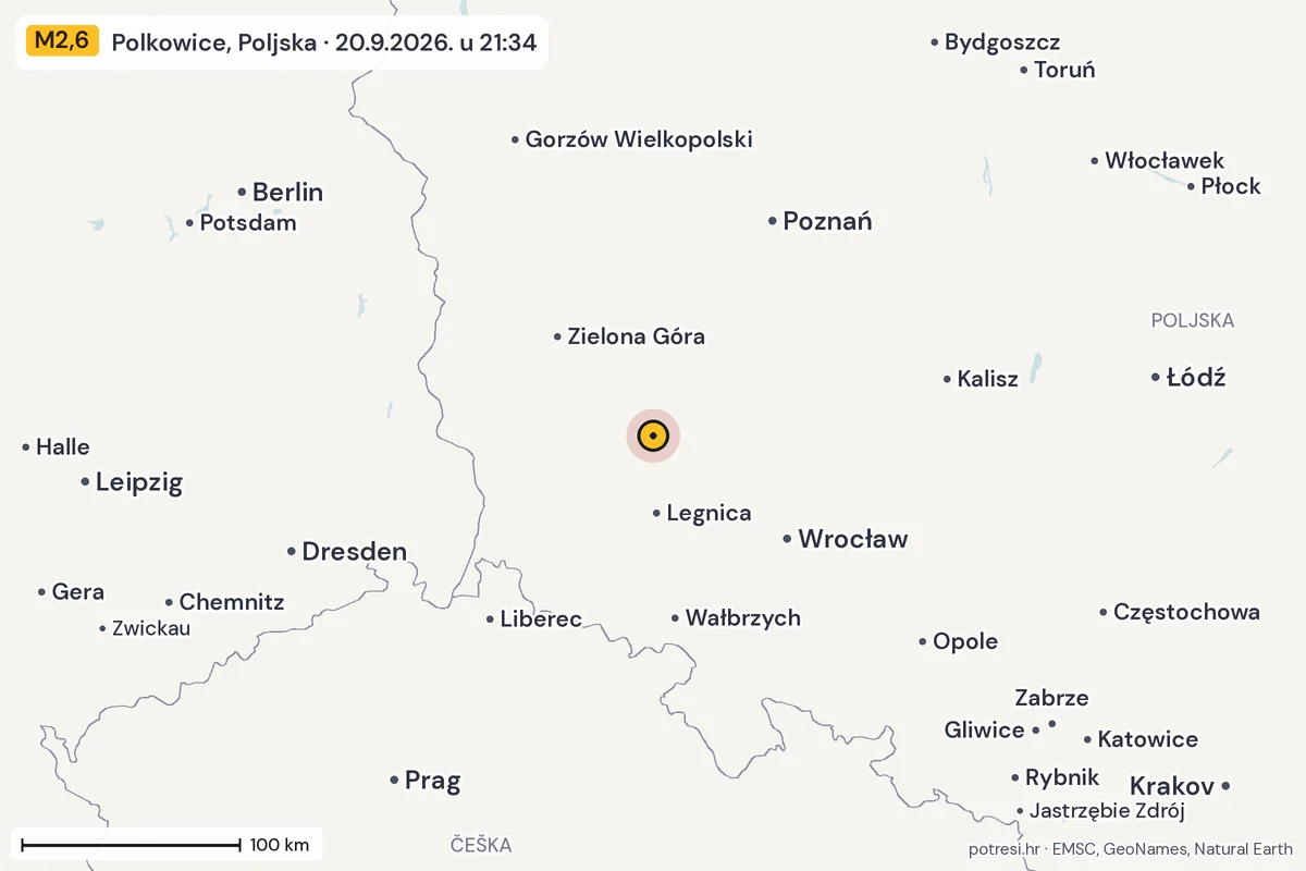 Karta: šire područje, 600 km, potres M2,6, Polkowice, Poljska, 20.9.2026.