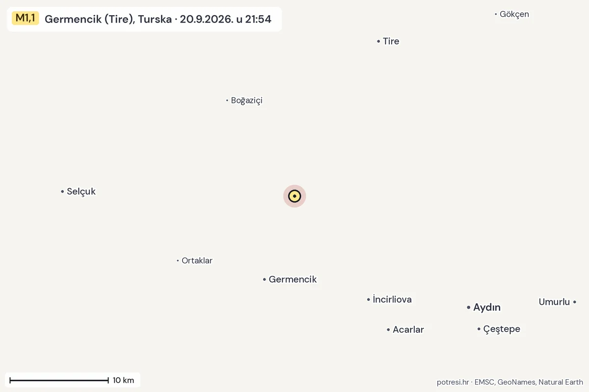 Karta: okolica epicentra, 60 km, potres M1,1, Germencik (Tire), Turska, 20.9.2026.