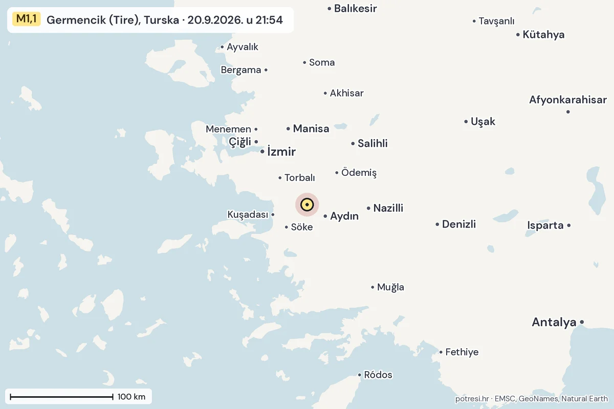 Karta: šire područje, 600 km, potres M1,1, Germencik (Tire), Turska, 20.9.2026.
