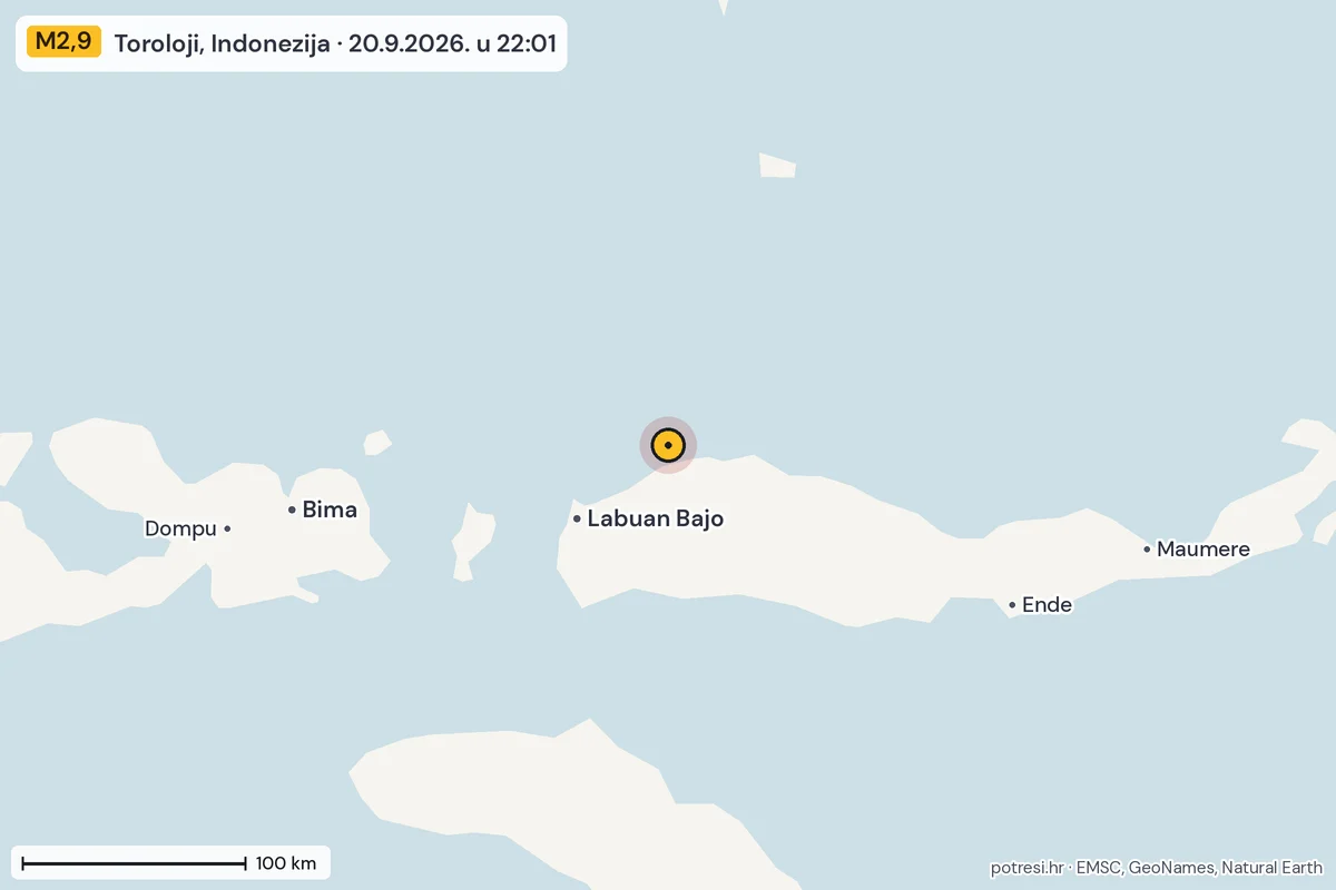 Karta: šire područje, 600 km, potres M2,9, Toroloji, Indonezija, 20.9.2026.