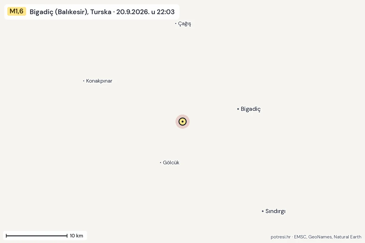 Karta: okolica epicentra, 60 km, potres M1,6, Bigadiç (Balıkesir), Turska, 20.9.2026.