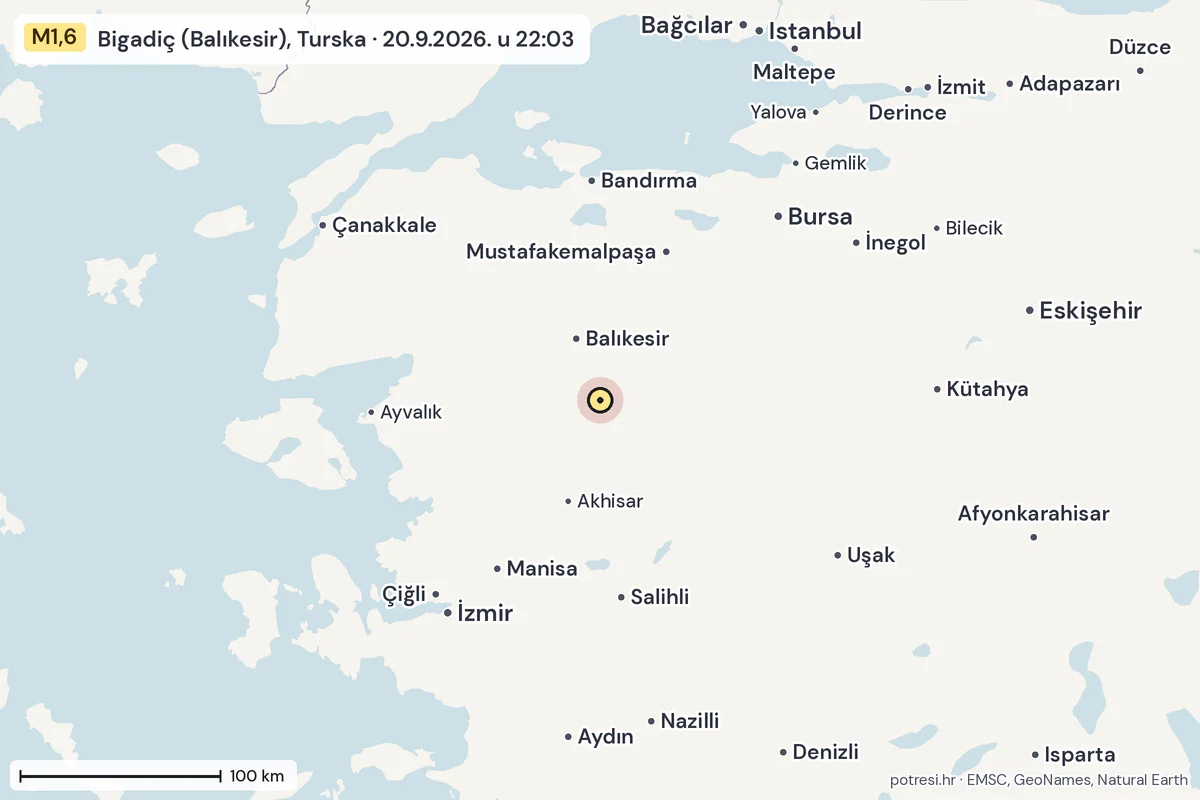 Karta: šire područje, 600 km, potres M1,6, Bigadiç (Balıkesir), Turska, 20.9.2026.
