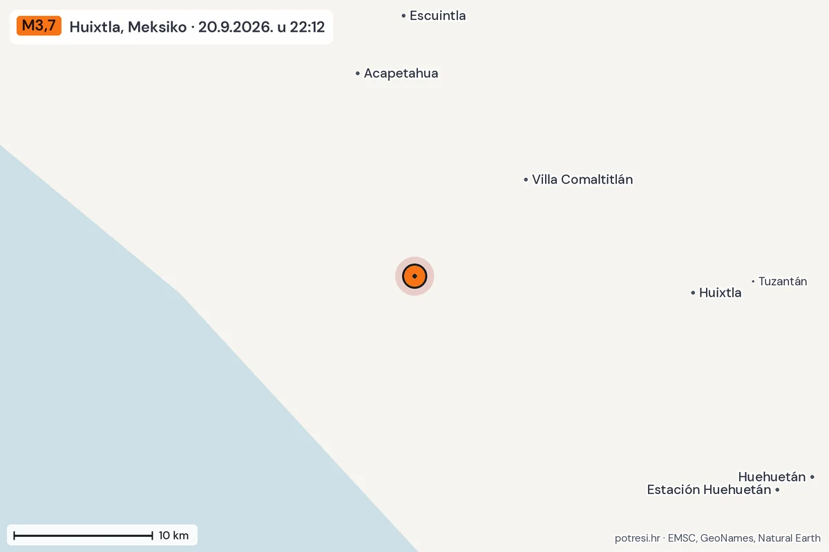 Karta: okolica epicentra, 60 km, potres M3,7, Huixtla, Meksiko, 20.9.2026.