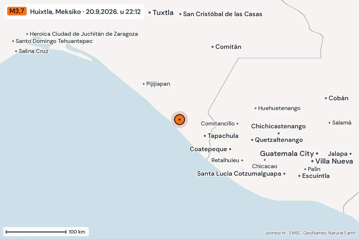 Karta: šire područje, 600 km, potres M3,7, Huixtla, Meksiko, 20.9.2026.