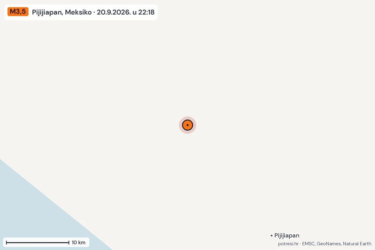 Karta: okolica epicentra, 60 km, potres M3,5, Pijijiapan, Meksiko, 20.9.2026.