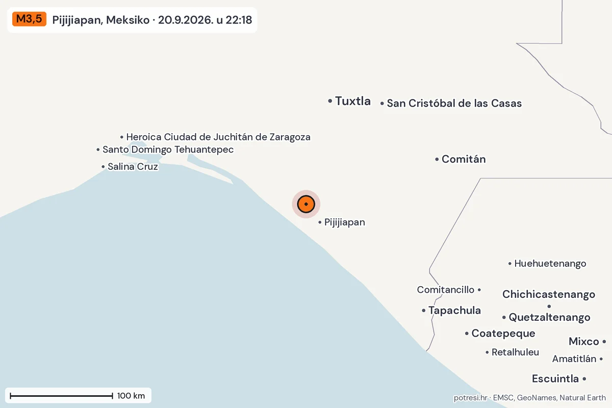 Karta: šire područje, 600 km, potres M3,5, Pijijiapan, Meksiko, 20.9.2026.