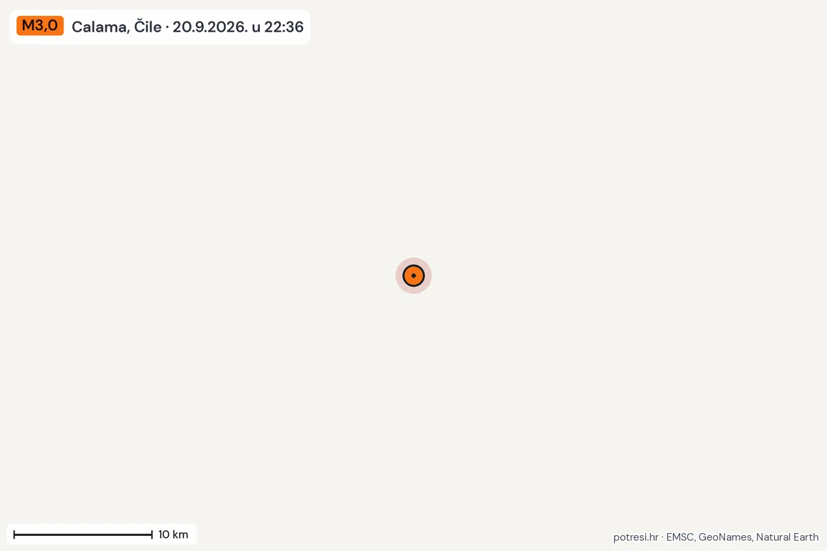 Karta: okolica epicentra, 60 km, potres M3,0, Calama, Čile, 20.9.2026.
